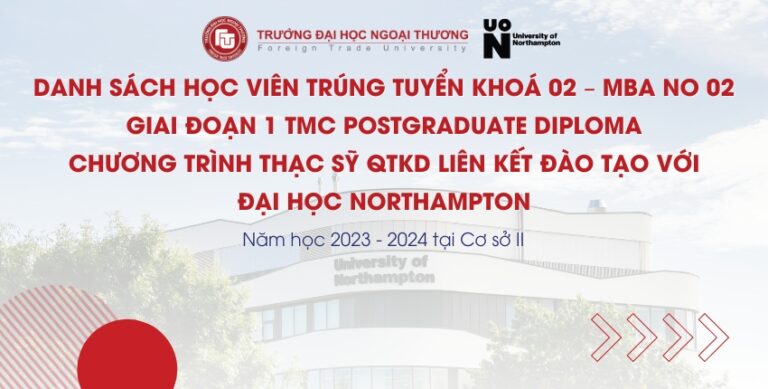 Danh sách học viên trúng tuyển Khoá 2 – MBA NO 02 Giai đoạn 1 TMC Postgraduate Diploma Chương trình Thạc sỹ QTKD Liên kết đào tạo với Đại học Northampton – Năm học 2023 – 2024 tại Cơ sở II