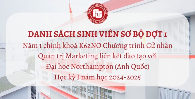 Danh sách sinh viên sơ bộ Đợt 1 Năm 1 chính khoá K62NO Chương trình Cử nhân Quản trị Marketing liên kết đào tạo với Đại học Northampton (Anh Quốc) Học kỳ I năm học 2024-2025